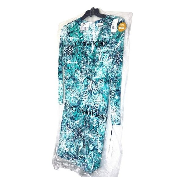 Calvin Klein Womens Blue Green Print Faux Wrap Sheath Dress Sz 16 W New - Picture 5 of 10